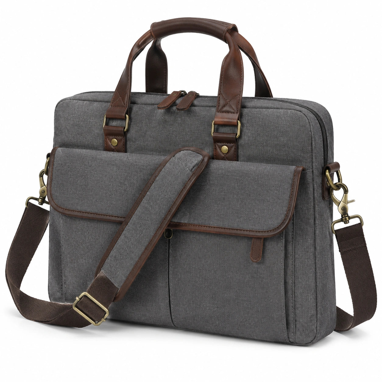 Laptoptasche 40 cm Textil und Kunstleder Grau Braun mit Schultergurt