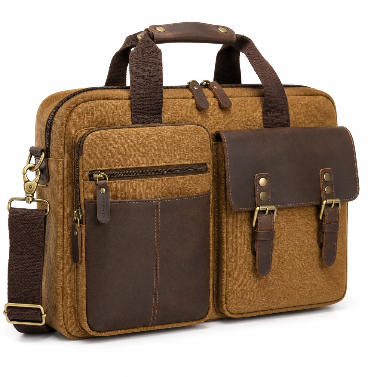 Aktentasche 40 x 12 x 30 cm aus Canvas in Khaki Braun mit Lederoptik für Büro im Vintage-Stil