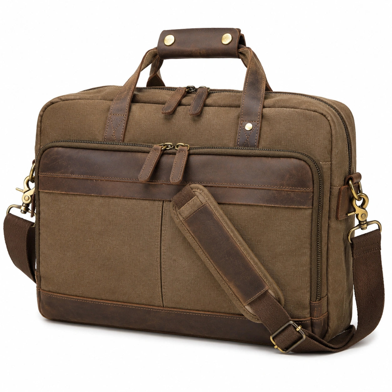 Aktentasche 42 cm Canvas Leder Braun Schultertasche mit Reißverschluss