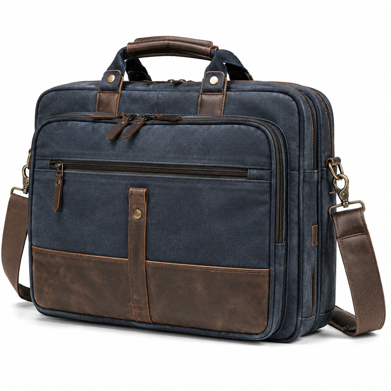 Laptoptasche 42 cm Canvas Dunkelblau Braun für Arbeit mit Schultergurt