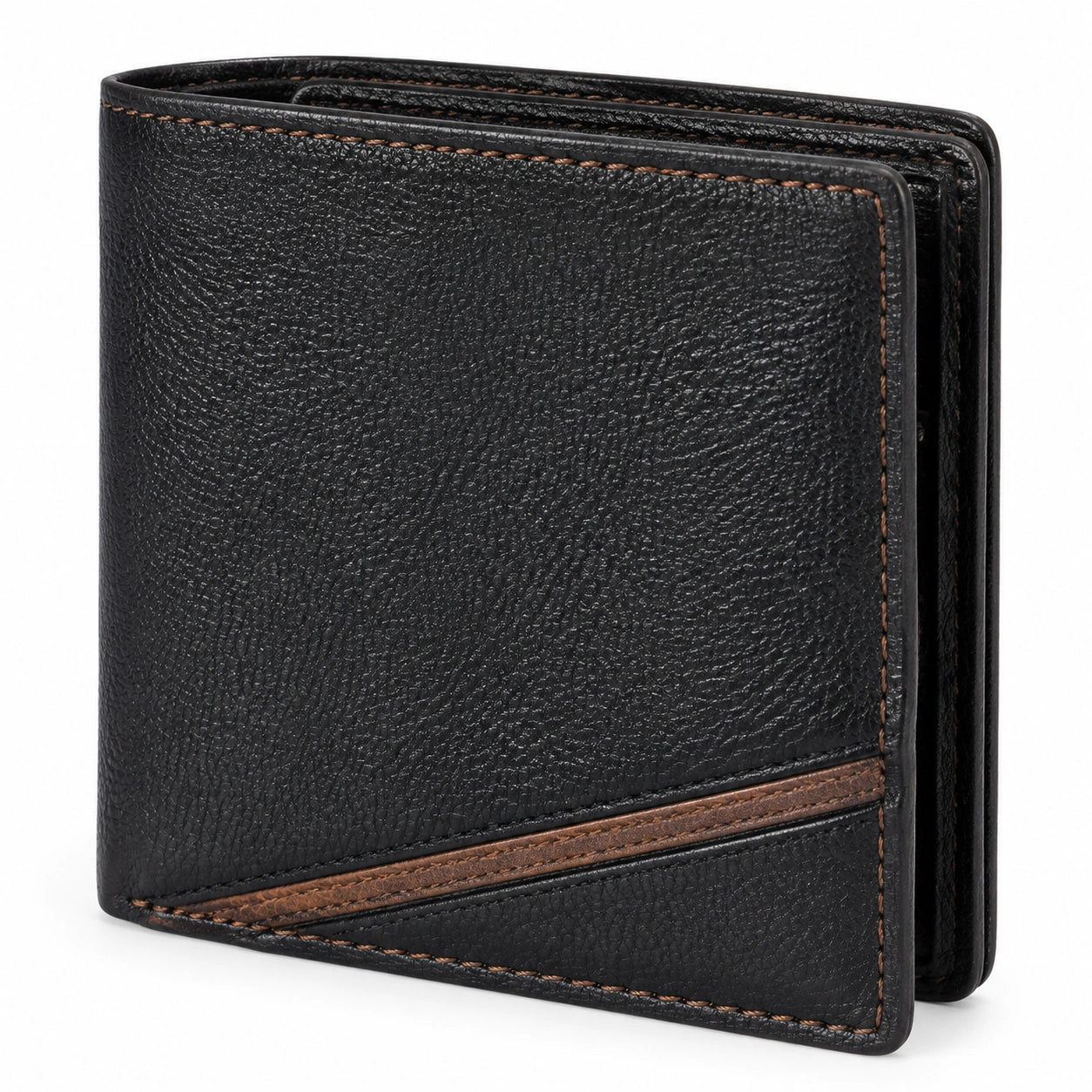Herren Geldbörse 11.5 x 9.5 x 2 cm aus schwarzem Kunstleder mit brauner Ziernaht im Bifold Stil