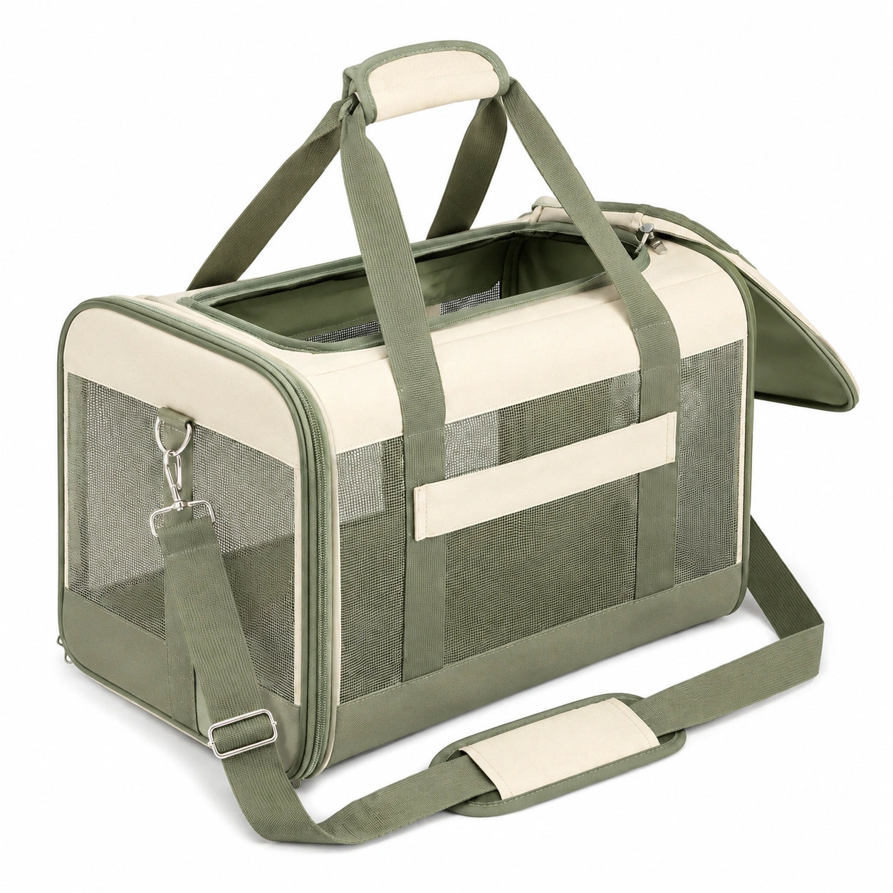 Transporttasche für Haustiere 50 x 30 x 32 cm aus Textil in Grün Beige mit Netzfenstern und Schultergurt