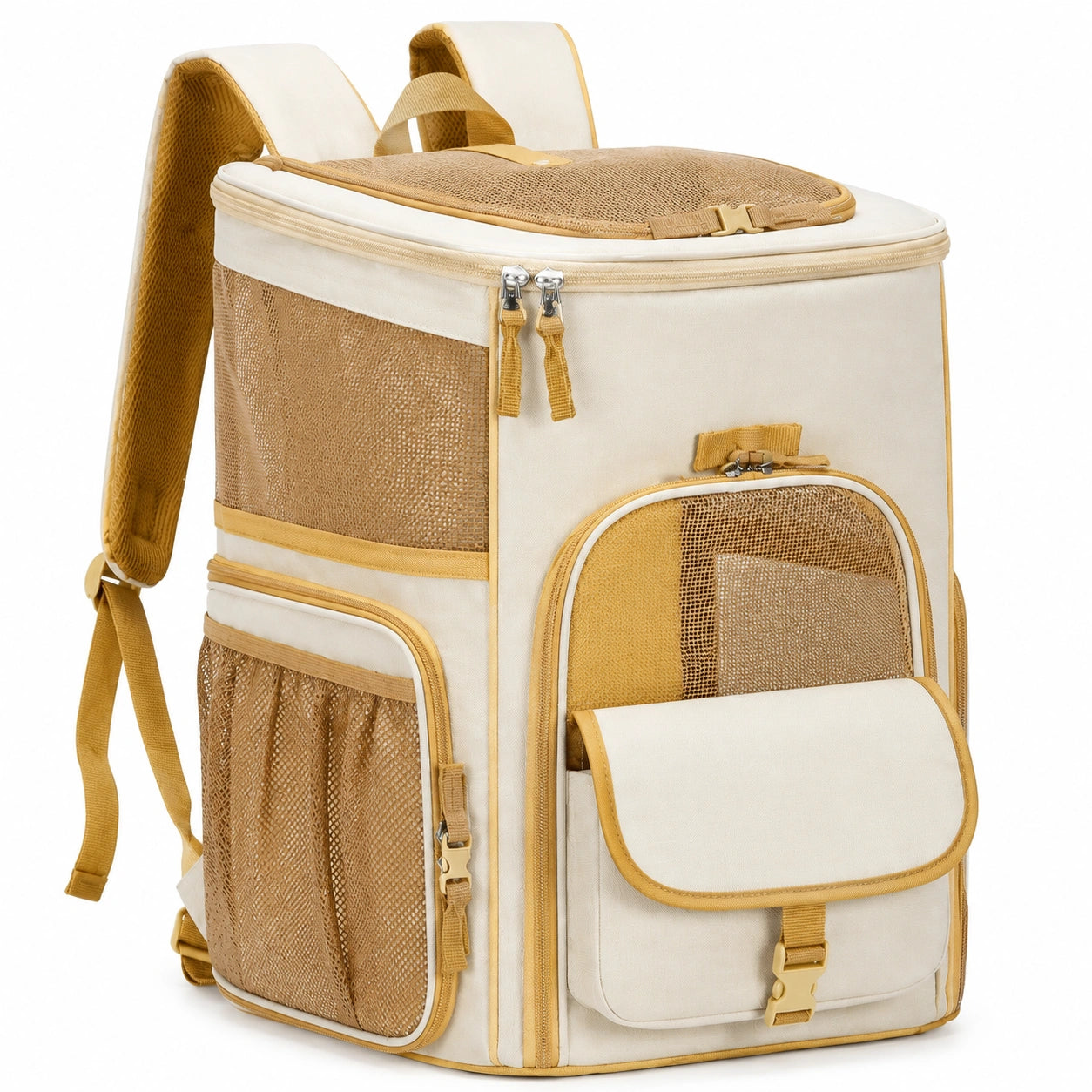 Tiertransport Rucksack 40 x 30 x 45 cm Textil Netzgewebe Beige für Haustiere mit Belüftung
