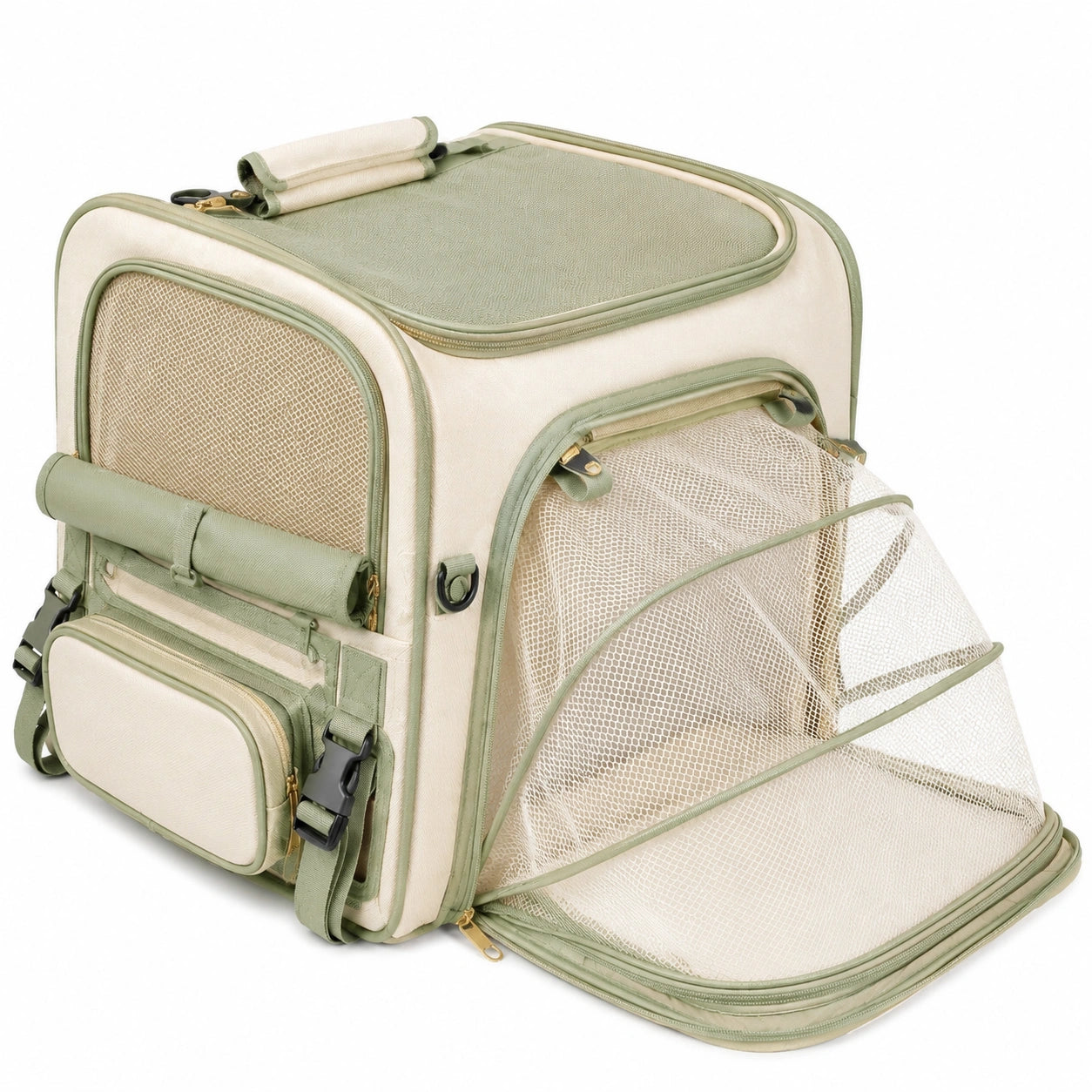 Haustiertransportrucksack 42 x 30 x 38 cm aus Textil in Cremegrün mit Mesh-Erweiterung