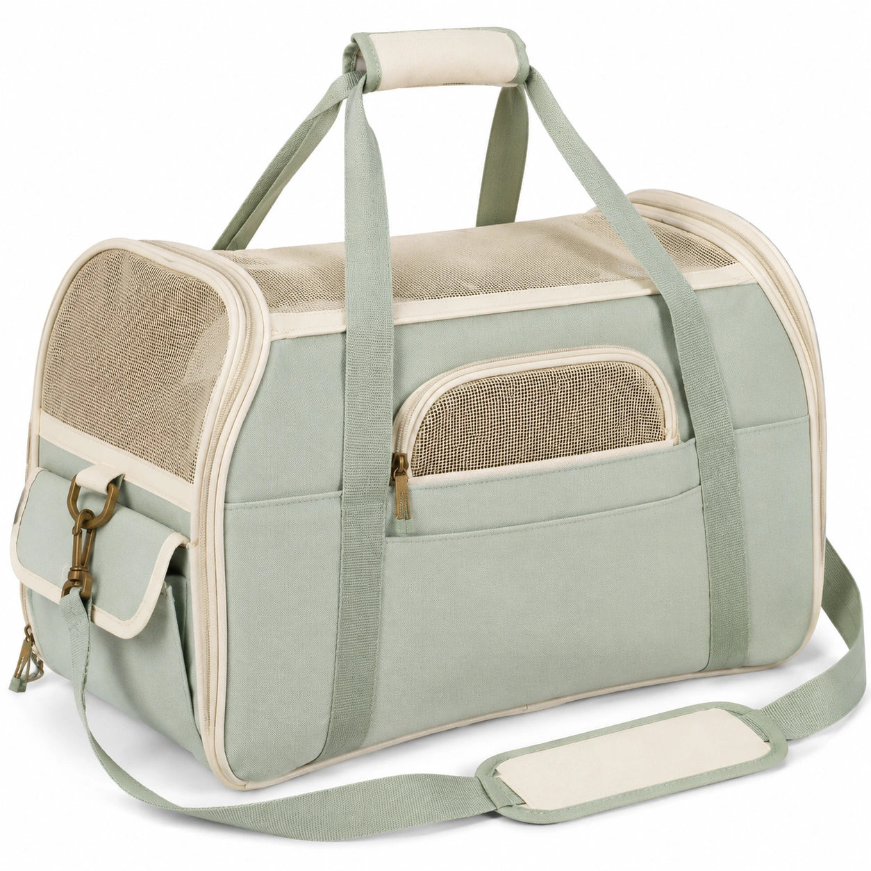 Tiertransporttasche 45 x 28 x 30 cm Textil Netzgewebe Salbeigrün für Haustiertransport mit Schultergurt