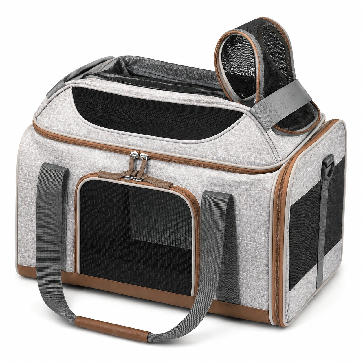 Haustier Transporttasche 45x30x30 cm aus Polyester Hellgrau für Reisen mit Netzfenstern