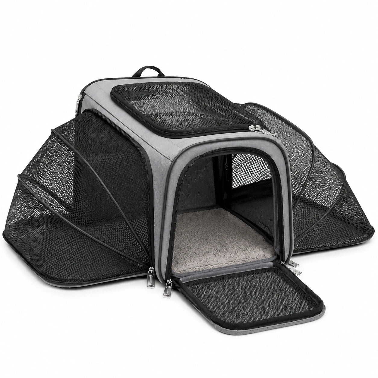 Haustier-Transporttasche 45 x 30 x 30 cm aus Polyester Grau Schwarz für Katzen und kleine Hunde mit erweiterbaren Netzseiten