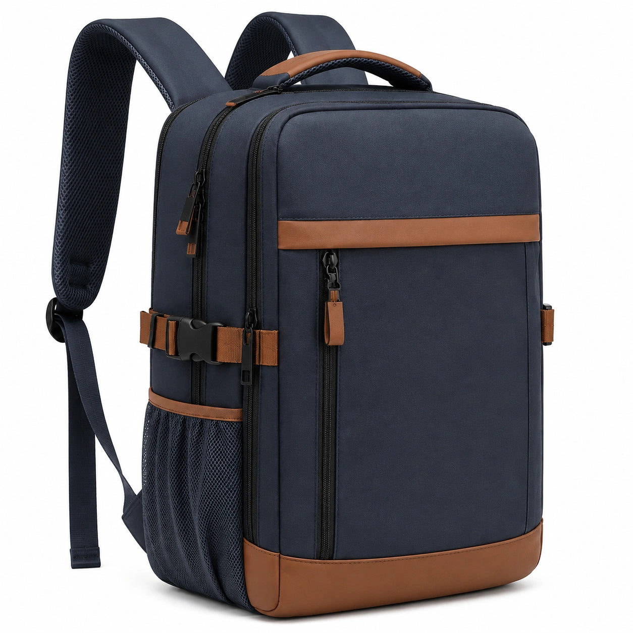 Rucksack 32 x 18 x 46 cm aus Textil in Dunkelblau Braun mit Mehrfachfächern für Alltag und Reise