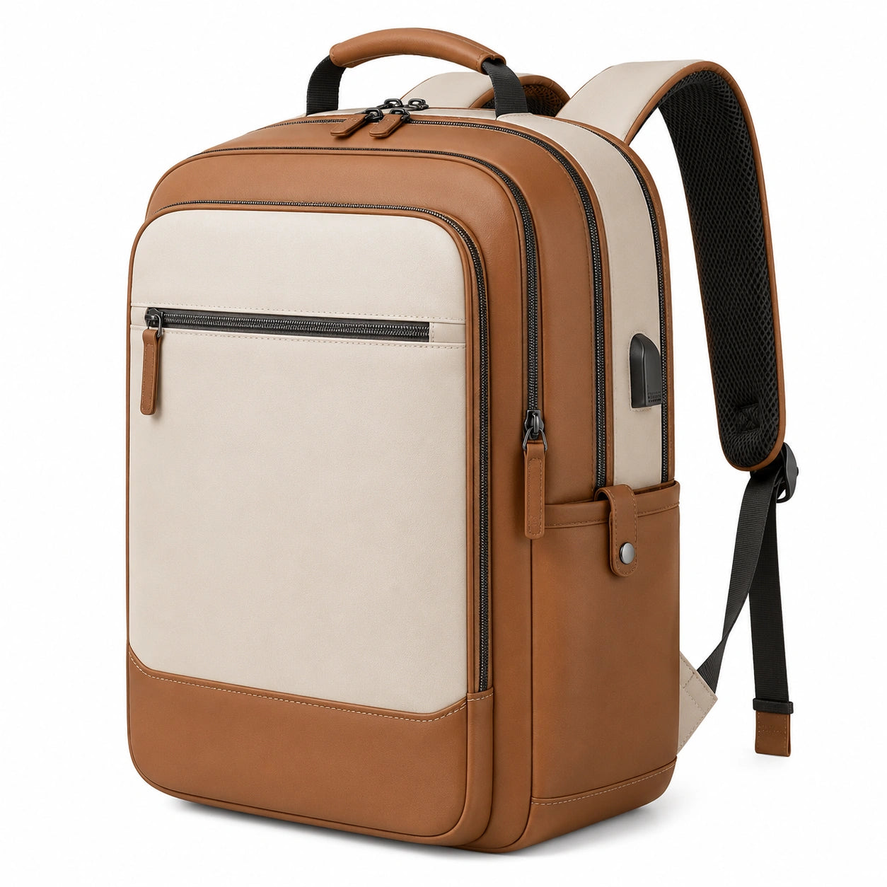 Laptoprucksack 30 x 16 x 42 cm aus Kunstleder in Braun Beige für Arbeit mit USB-Anschluss