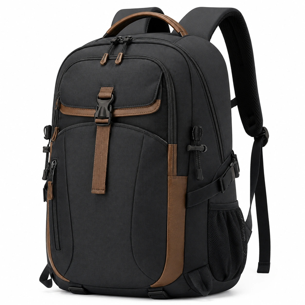Rucksack 50 x 32 x 20 cm aus Textil Schwarz Braun mit Reißverschlüssen für Alltag und Reisen