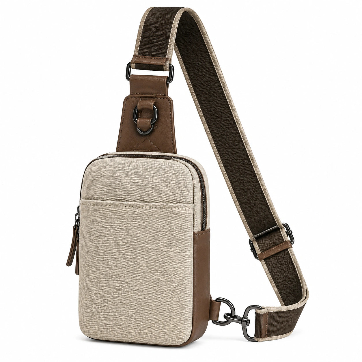 Umhängetasche 17 x 7 x 30 cm aus Textil und Kunstleder Beige Braun mit verstellbarem Schultergurt